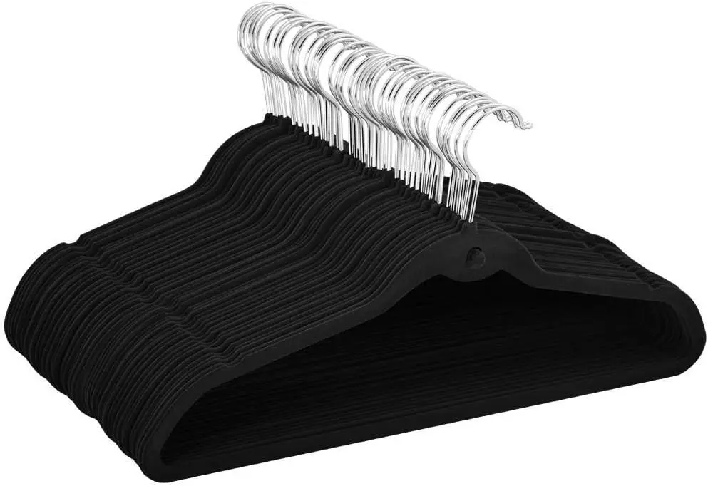 Cascading Non Slip Velvet Hangers - Heavy Duty - Suit Hangers Space Saving Clothes Rack 360° Swivel Hook, Black - Pack of 100