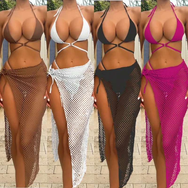 Women's Three Piece Swimsuit Hollow Out Mesh Skirt Side Split Lace-up Swimwear High Waist Bathing Suits Tankini Beachwear