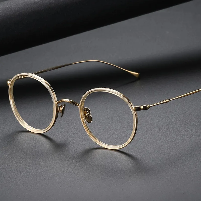 KAME Style Kmn139 Montura De Gafas Vintage MANNEN Eyeglass Frames Latest Model Carved round titanium Men Women Glasses Frame