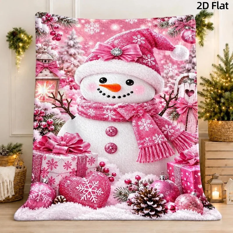 Glitter Pink Snowman Gift Lantern Print Flannel Throw Blanket, Romantic Winter Christmas Ornament Pattern Soft Blanket