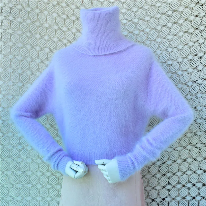 Ladies Women Fashion Violet Hairy Soft Angora Rabbit Hair Knitted Crop Top Turtleneck Long Sleeves Slim Sweater Jumper Pull Tops