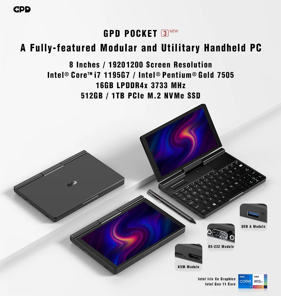 8 Inch GPD Pocket 3 Notebook Intel Pentium Gold N7505 Mini Laptop 16GB RAM 512GB Modular Full-featured Handheld Win11 Computer