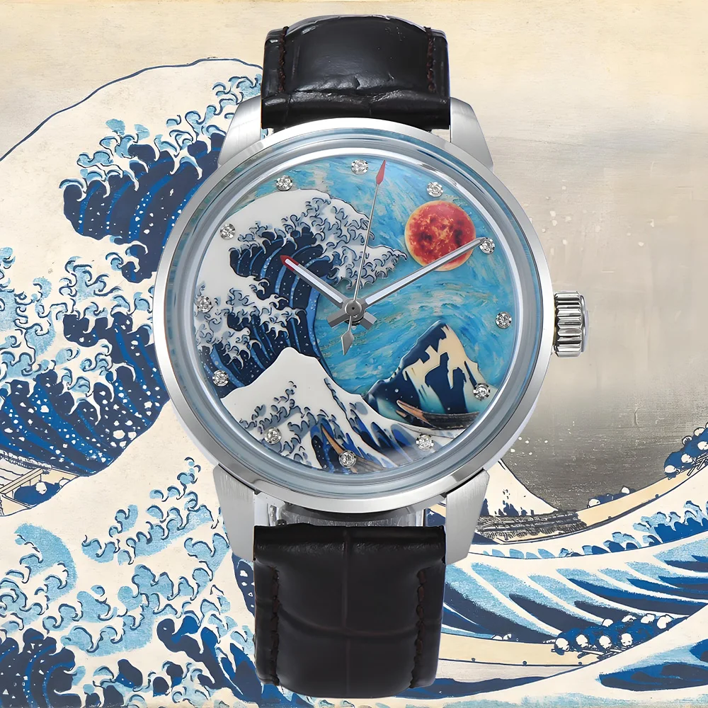 42MM watch 3D Kanagawa surfing watch men's watch mechanical watch suitable for Miyota8215 movement The Great Wave off Kanagawa