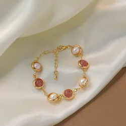 Best Selling Natural Freshwater Pearl & Strawberry Quartz 14K Gold Filled Female Charm Bracelet Jewelry For Women Gifts No Fade