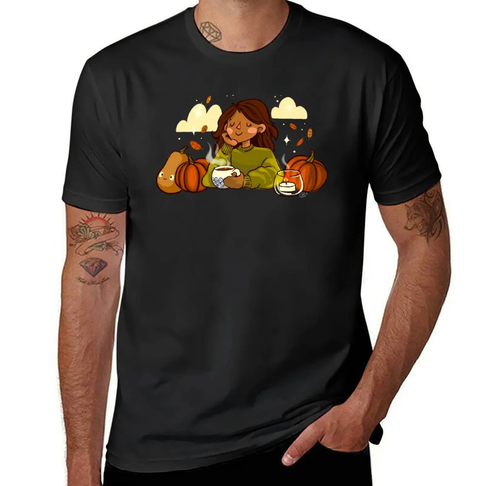 Autumn vibes, cozy sweater and a warm coffe T-shirt Short sleeve tee blanks men graphic t shirts