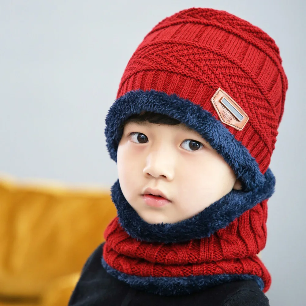 Kid Hat Scarf 2 Piece Set Short Plush Lnner Layer Boy Girl Knit Cap Ring Scarves Child Winter Outdoor Keep Warm Wear Accessories