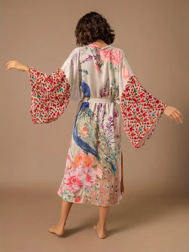 Imagen 2 del producto Kimono de playa para mujer, traje de baño con estampado de pavo real, vestidos envolventes con cinturón, trajes de baño junto al mar, ropa de playa