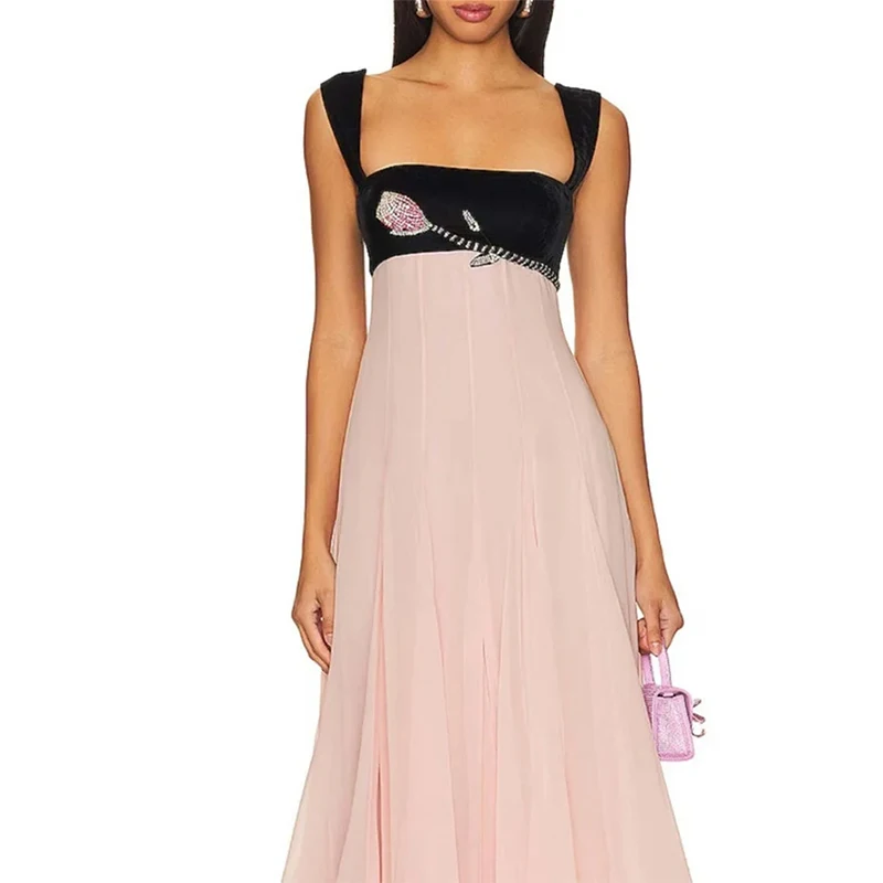 Spaghetti-Straps Square Neck Black Pink Formal Evening Dresses Shiny Beaded  A-Line Celebrity Dresses/Prom Dresses