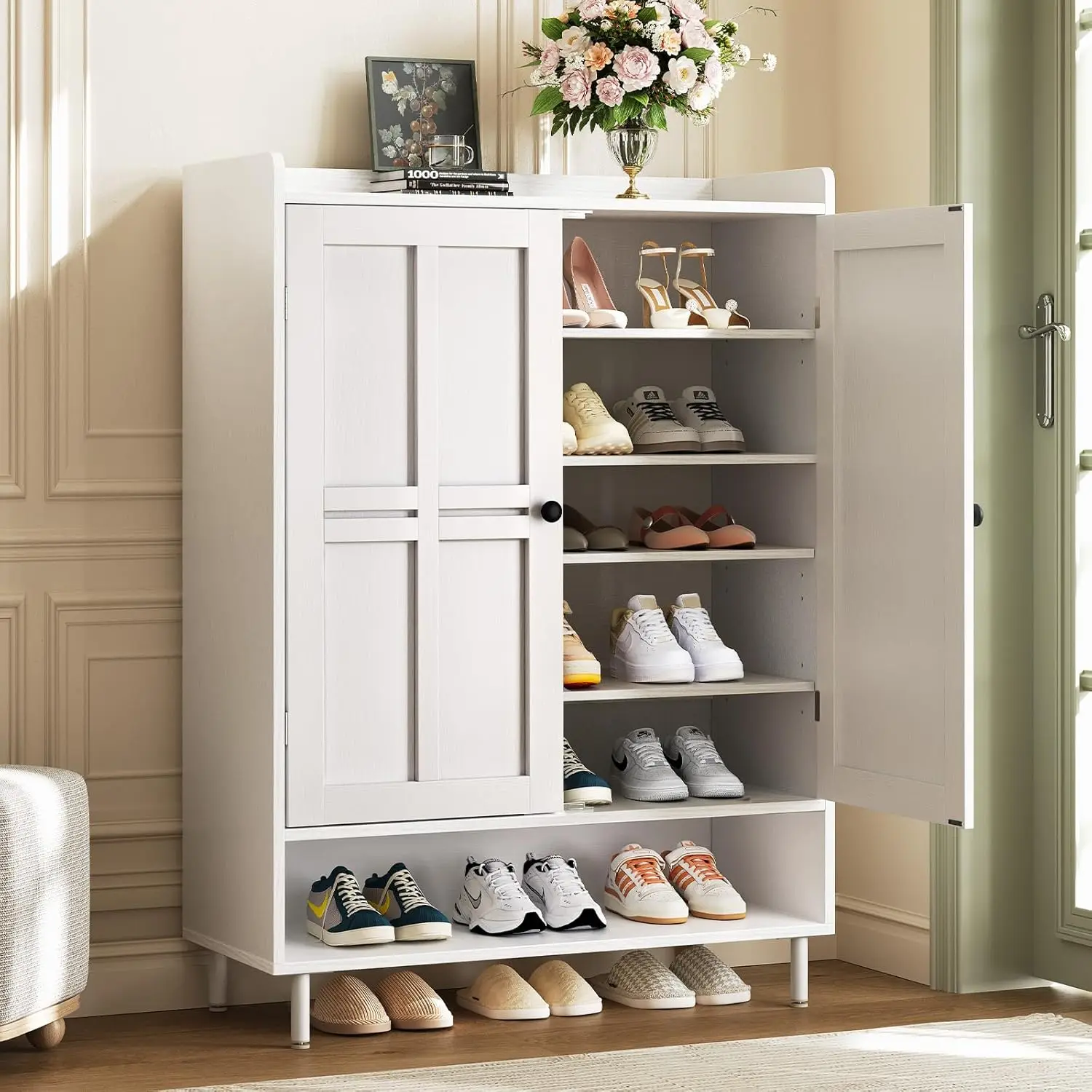 

White 7+1 Tier Farmhouse Shoe Storage Cabinet - 45' Tall Entryway Organizer with Cross Molding Doors, 3 Adjustable Shelves