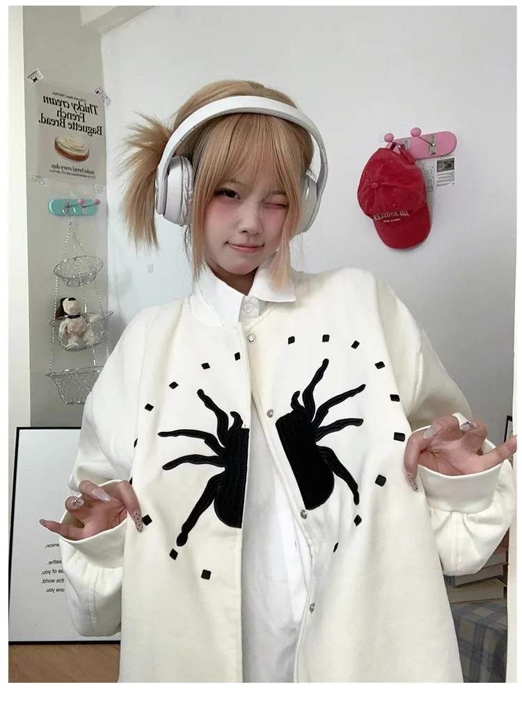 Spider Goth Punk Embroidery Button Up Coat Autumn Baseball Jacket harajuku y2k loose outwear outfit casaco bomber women man top