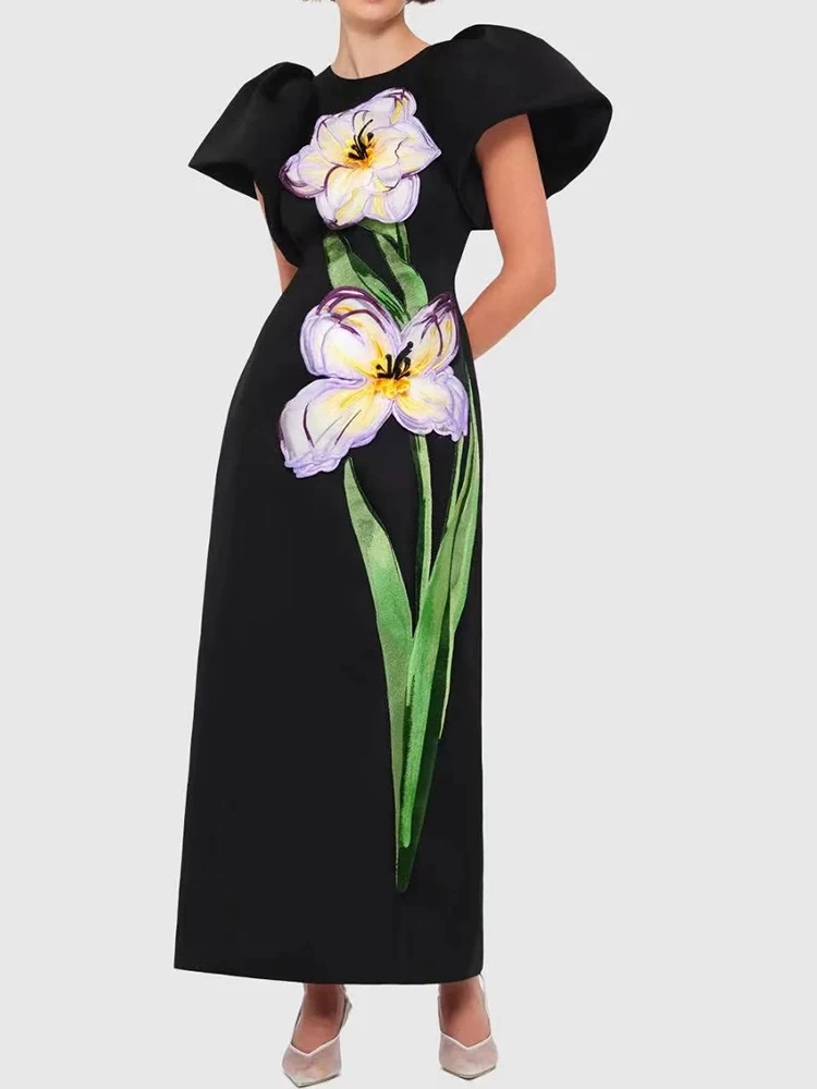 

Fashion round neck short sleeve positioning three-dimensional flower sequins embroidered waist dress summer new hip split dress