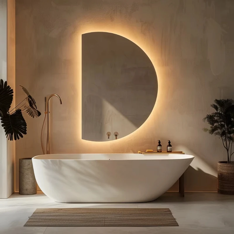 

Half Moon Frameless Light Emitting Diode Bathroom Decorative Wall Mirror Semicircular Light Emitting Diode Mirror