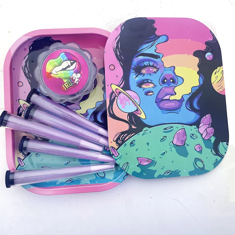 1 Set Rolling Kits Rolling Tray Set Grinder18X14cm Metal Tinplate Plate With Magnetic Lid 12PCS Placement Gift Tray Kit 