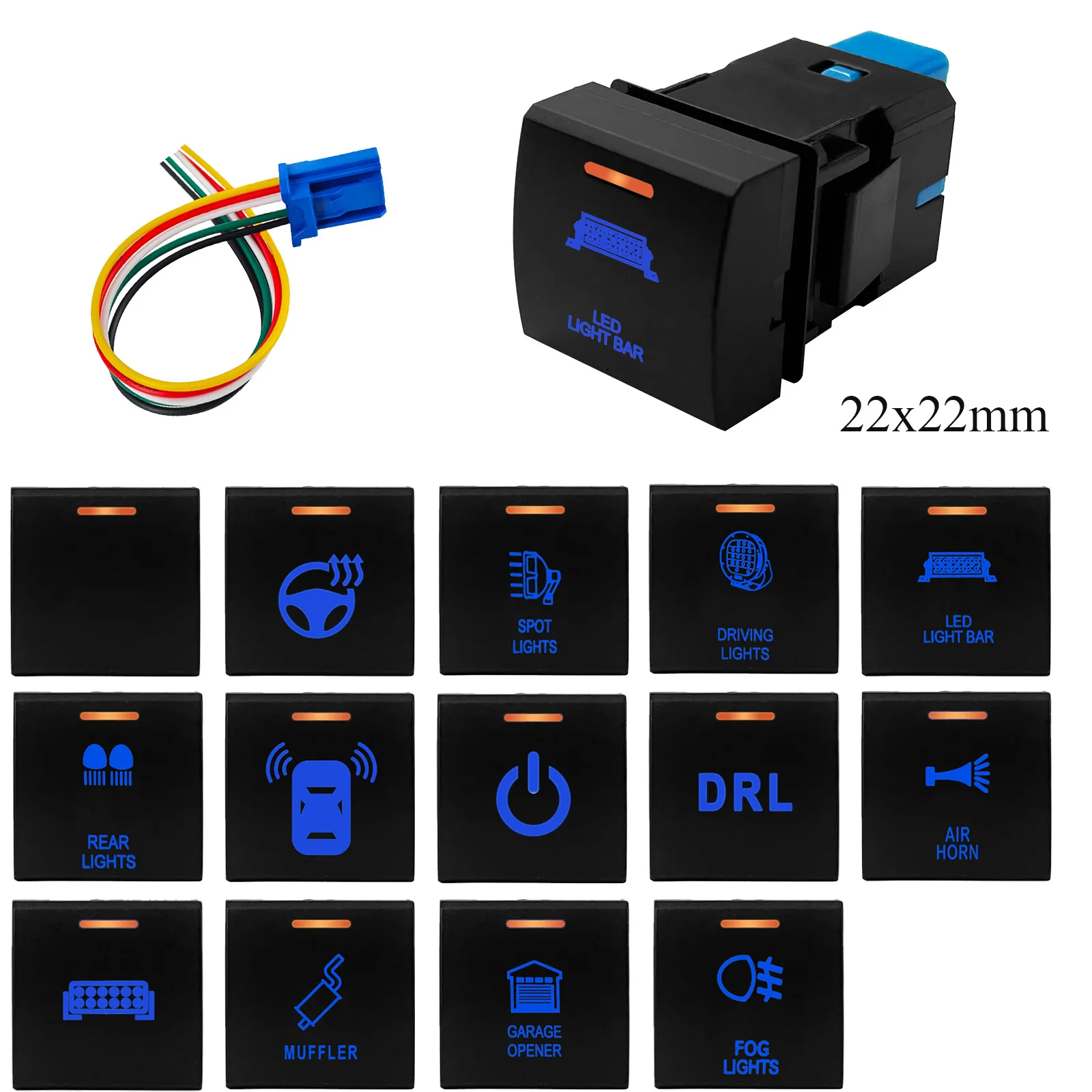 12V Blue Orange Light Latching Momentary Push Switch 22 x 22mm For Toyota Prado 150 Series Camry Hiace Corolla RAV4 Land Cruiser
