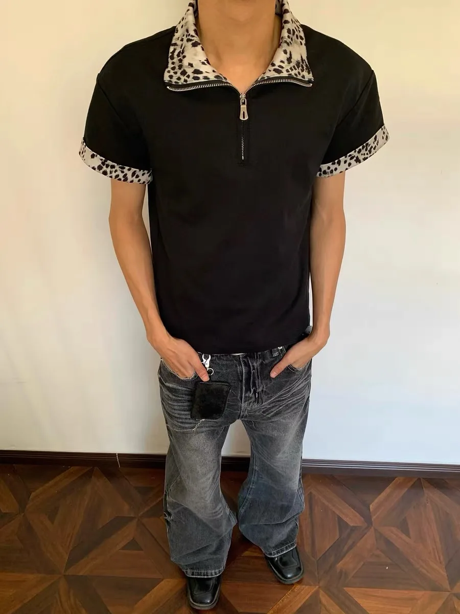 American Retro Leopard Print Zipper  Shirt Short Sleeve Flip Collar Men's Patchwork Wide Short Sleeve T-shirt Summer Vers...