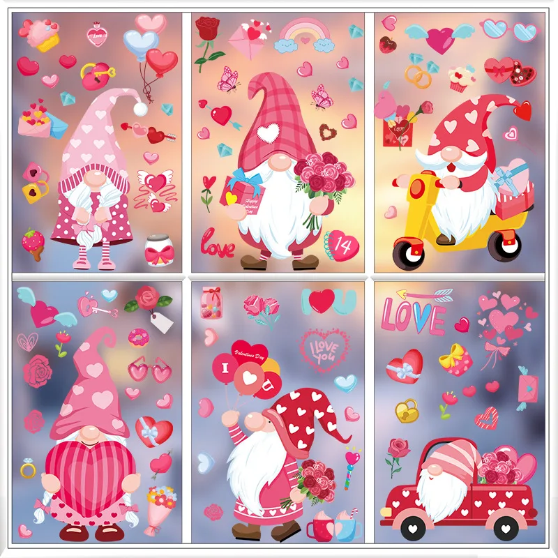 9Sheets Valentines Day Window Stickers Cartoon Gnome I Love U Heart Shape Glass Stickers Decals Wedding Party Home Decoration