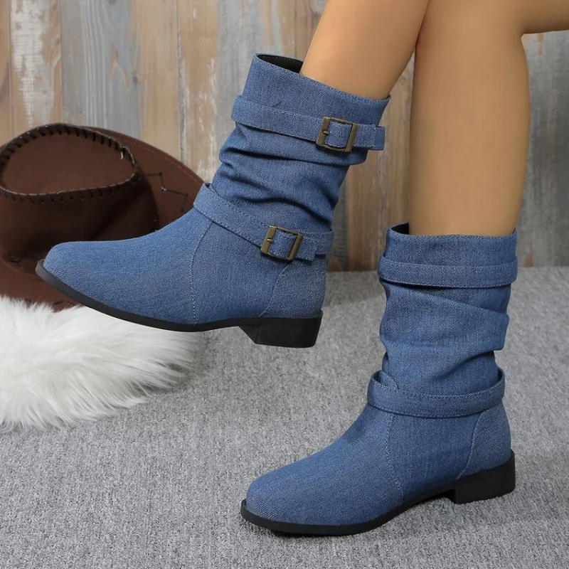 Plus Size 43 Women Boots European and American Fashion Buckle Pleated Short Boots Autumn and Winter New Flat Boots Women Shoes