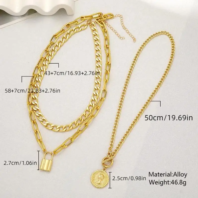 3Pcs Layered Necklace Set For Women Vintage Elegant Embossed Coins Creative Lock Pendant Necklaces Fashion Jewelry Gift