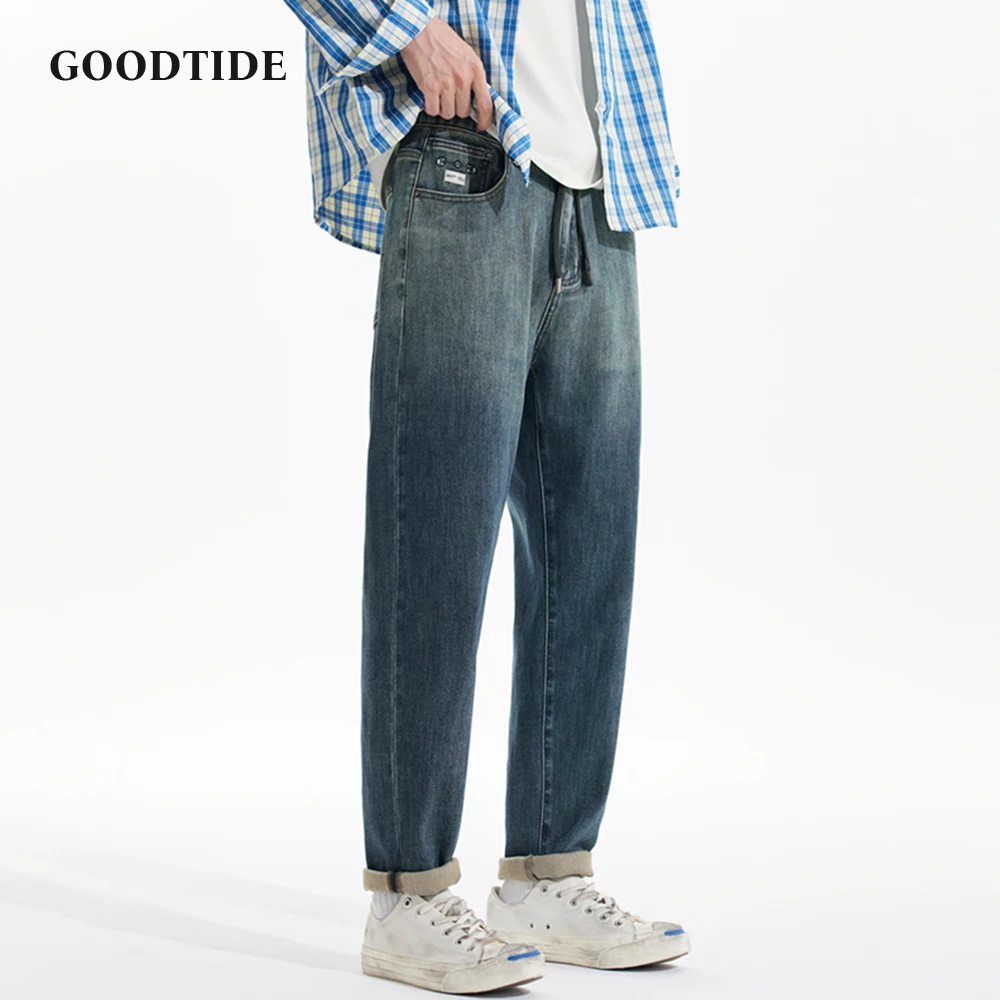 

Fashion Men's Drawstring Washed Jeans 2025 Autumn New Micro Stretch Wide Leg Casual Denim Trousers Size 28-38