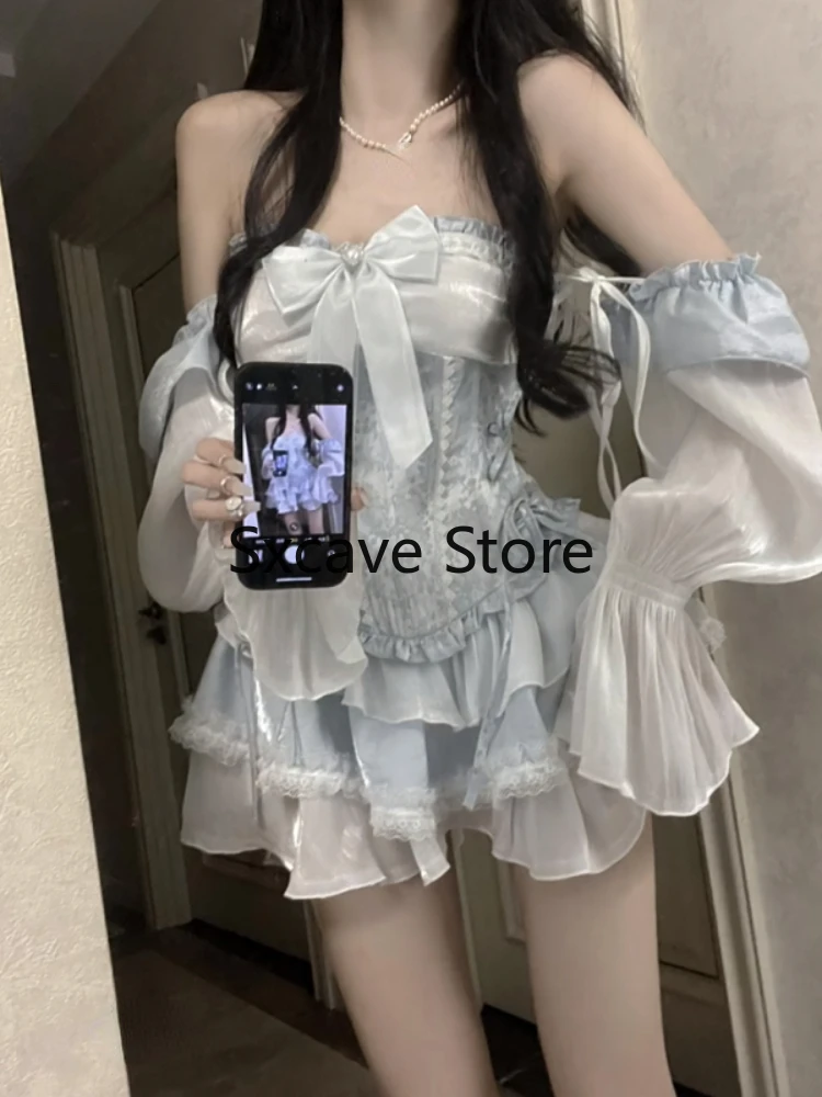 Kawaii Clothing Vintage 2 Piece Dress Sets Women Bodycon Vest + Japanese Style Y2k Mini Dress Even Party Lolita Suits 2023 Chic