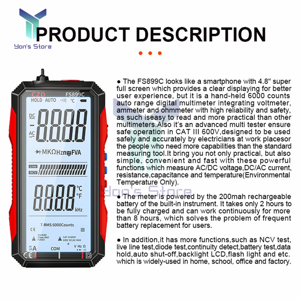 High Precision Digital Multimeter Smart Tester DC NCV Auto Range Transistor Temperature Voltage Professional Analog Multimetro