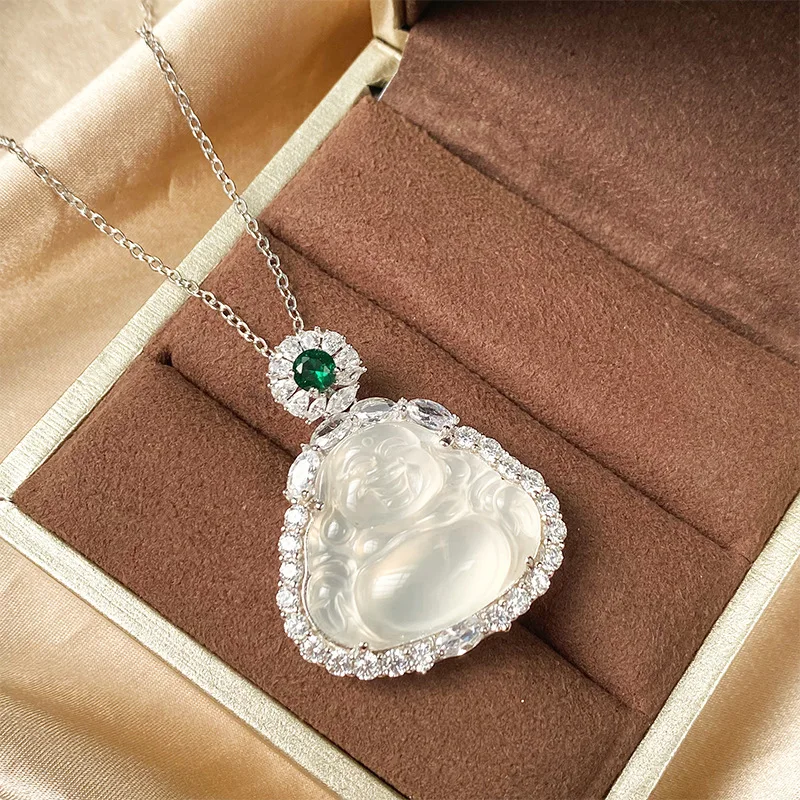Jewelry S925 Silver Ice Chalcedony Buddha Pendant Necklace for Women