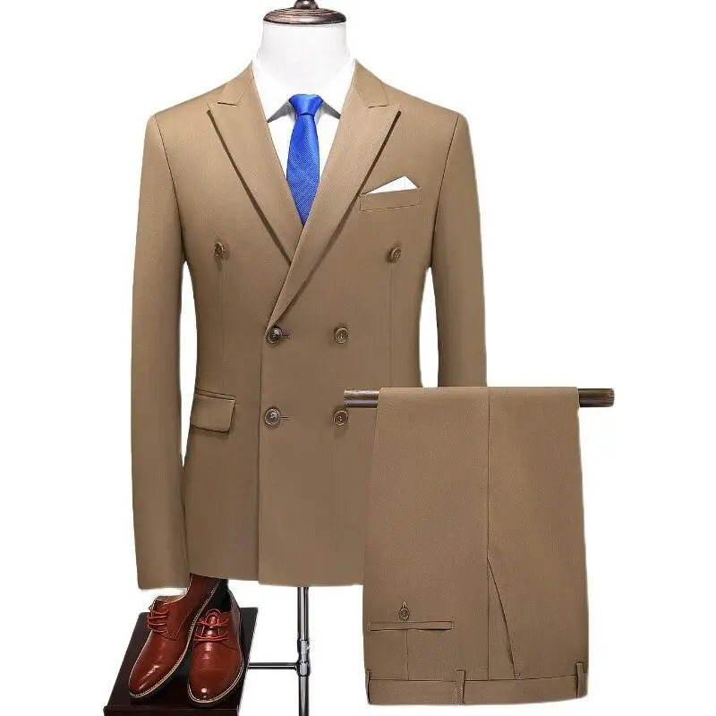 Elegant 2PCS Men's Peak Lapel Double Breasted Blazer Set Formal Business Suit for Party Prom Wedding Tuxedo (Jacket+Pants)
