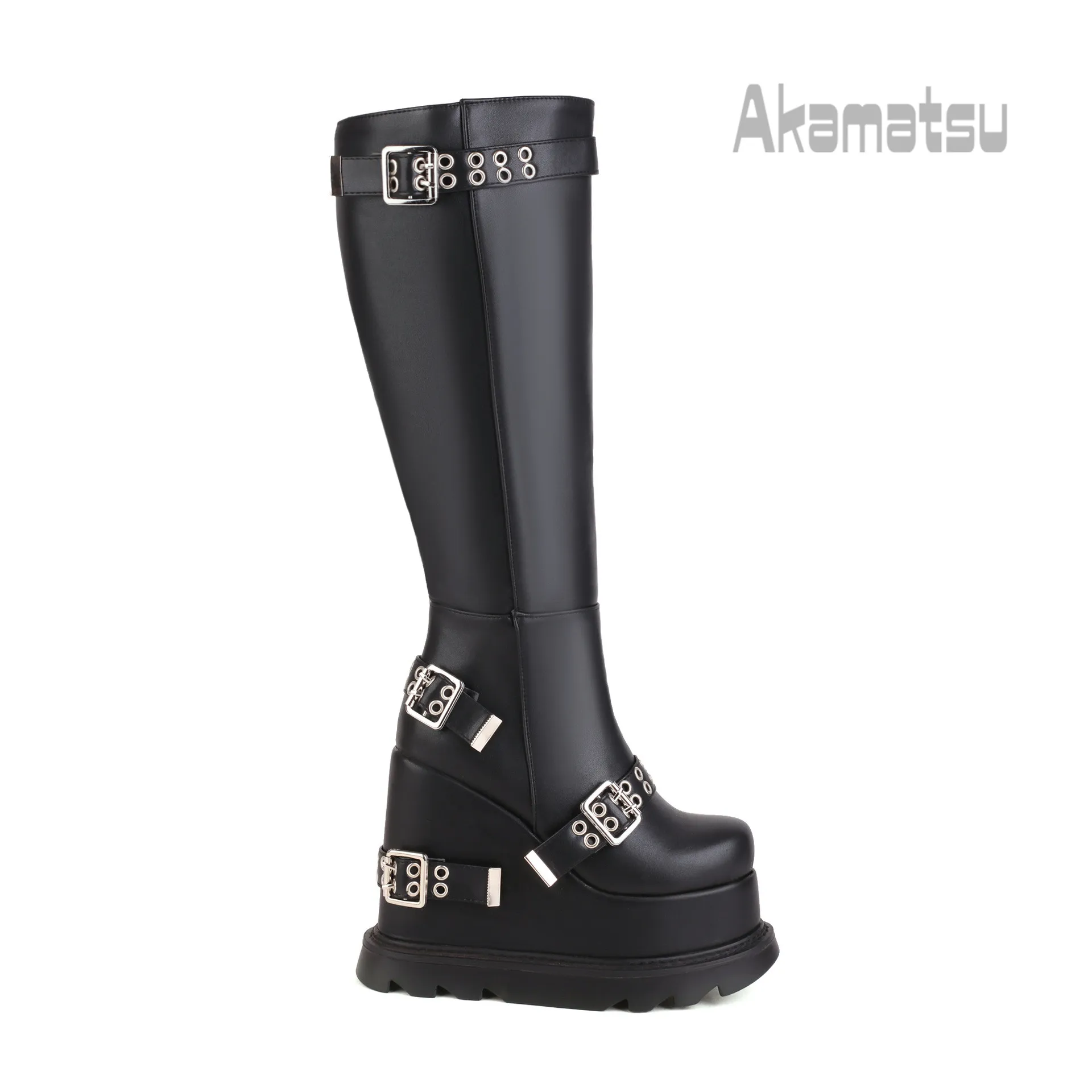 Wedeges Female High Boots Spring Autumn Winter Waterproof Platform Slope Heel 14Cm High Heel Belt Buckle Shoes Large Size 40-43