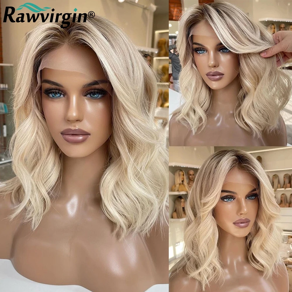 

Ash Blonde Ombre Wigs For Women Human Hair Body Wave Transparent HD Lace Frontal Wig Brazilian Remy Hair Short Bob Wig Pre Pluck