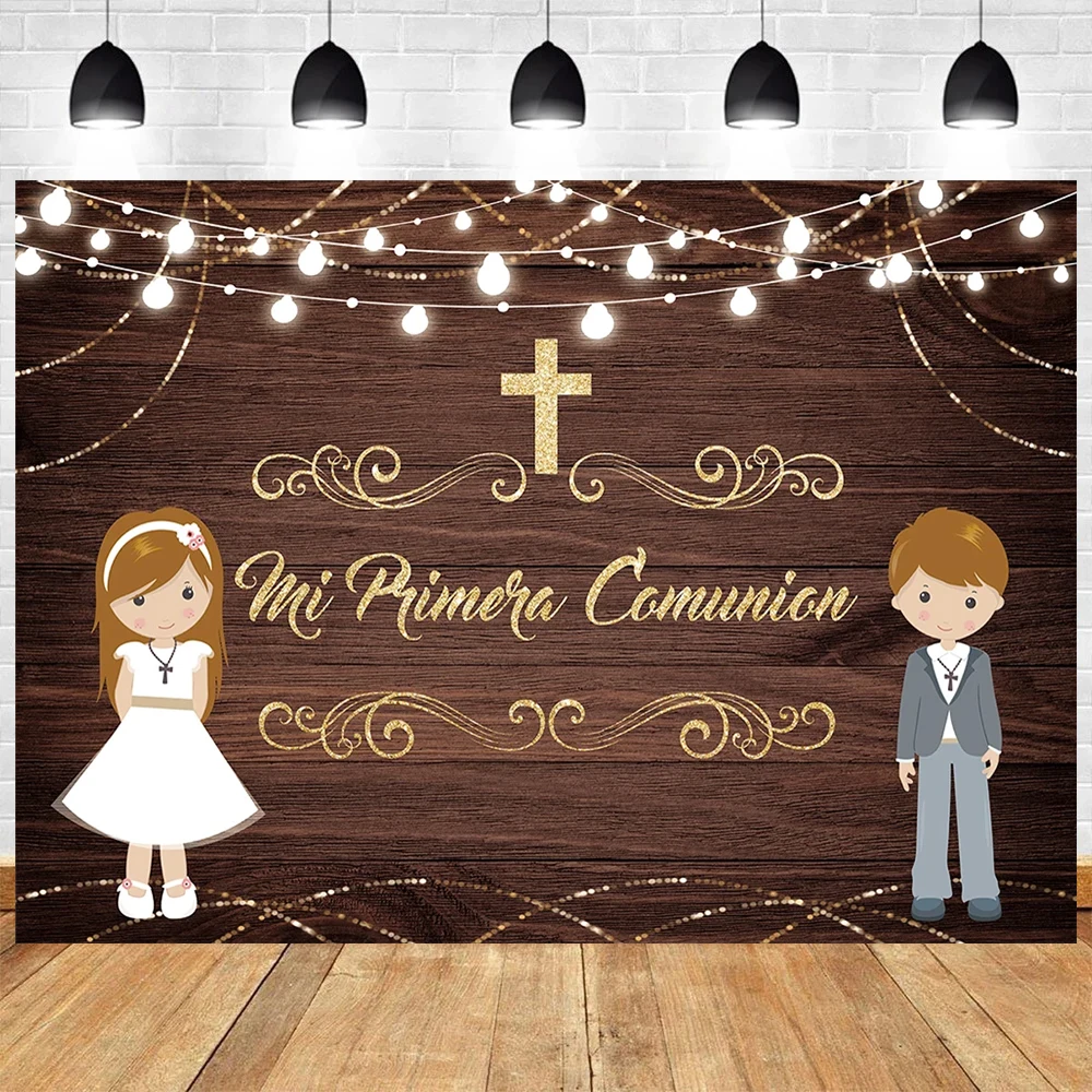 Mi Primera Comunión Theme Photography Boy And Girl Baptism Gold Cross Dove Flower First Communion Background Poster Photo Studio