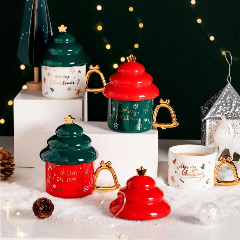 

Christmas Tree-shaped Ceramic Cup, Gold-painted Wind Chimes with Lid, Handle Mug, Office Coffee Cup, Water Cup, Holiday Gift