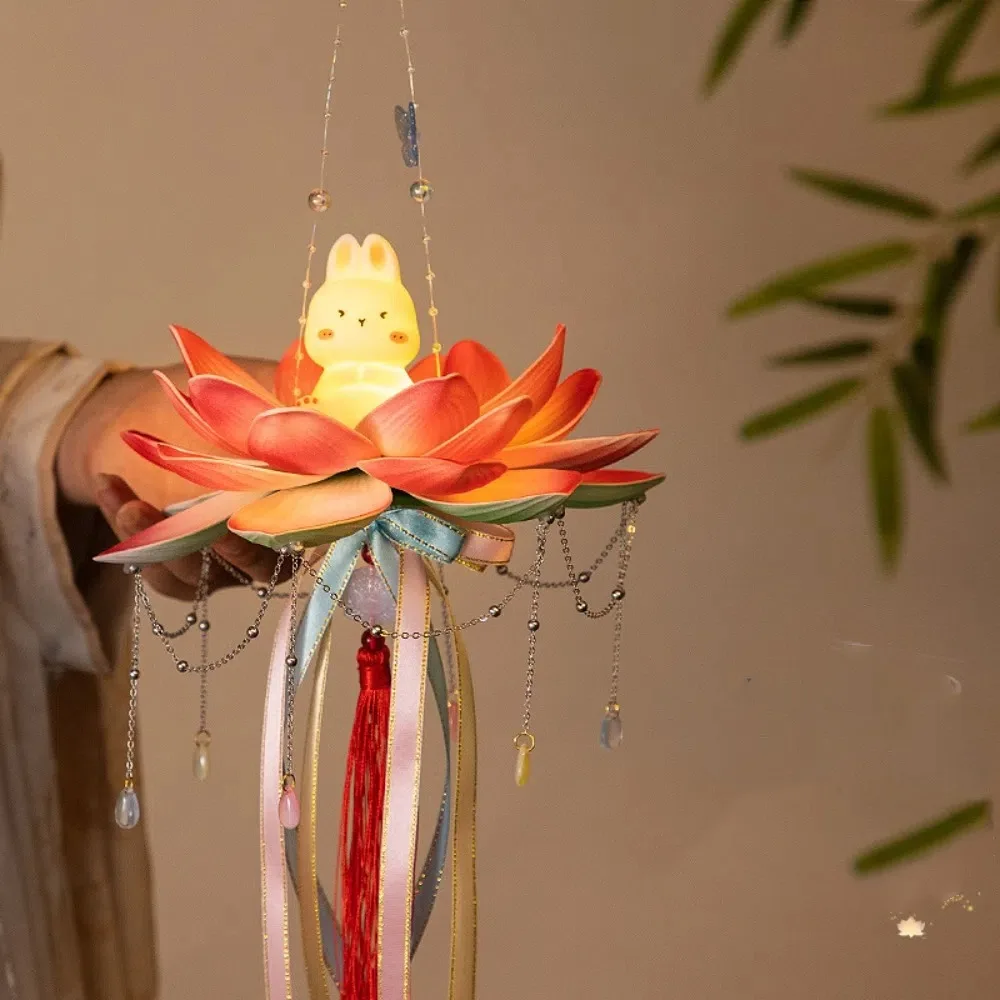 

DIY Lotus Flower Lanterns Glowing Handmade Rabbit Lotus Lantern Handheld Lantern Luminous Mid-Autumn Festival Lantern