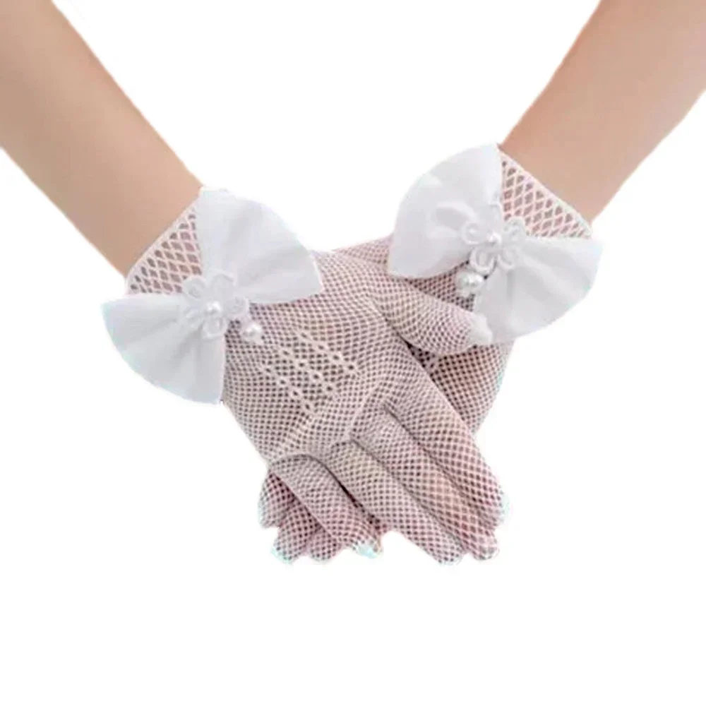 Girls Mesh Bow Lace Gloves, Children\'s Mittens,Princess Party Performance,Birthday Ceremony,Coronation,Wrist,White,Black,Pink