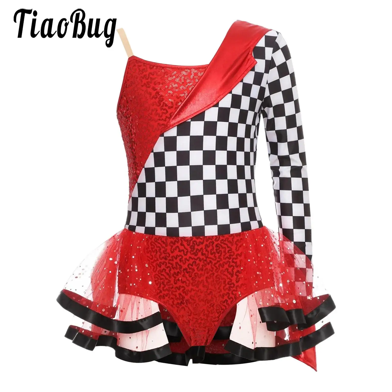 

Girl Sequins Racer Costumes One Shoulder Single Sleeve Checkerboard Tutu Dress for Halloween Race Car Driver Fancy Dress Costume