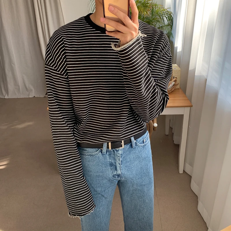 

Men's Autumn Adn Winter Basic Style Crewneck Sweatshirt Striped Contrast Color Loose Fit Soft Oversized Sweatshirt Pullover W71