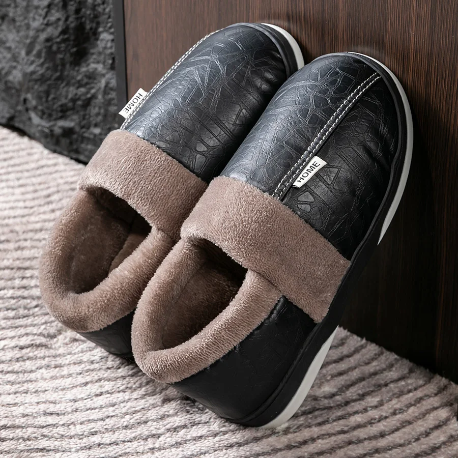 

Warm Slippers for men TPR Waterproof Memory Foam Non Slip PU Soft Comfortable House Shoes High Quality