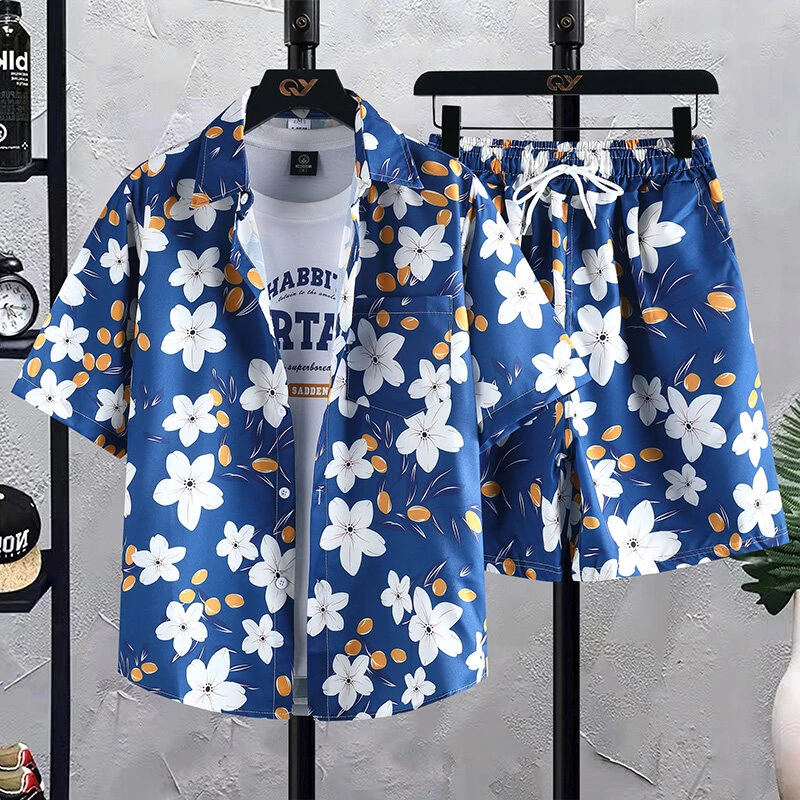 Men's Plant Print Set Single Breasted Short Sleeved Hawaiian Beach Shirt And Shorts Casual Summer Vacation Travel Set