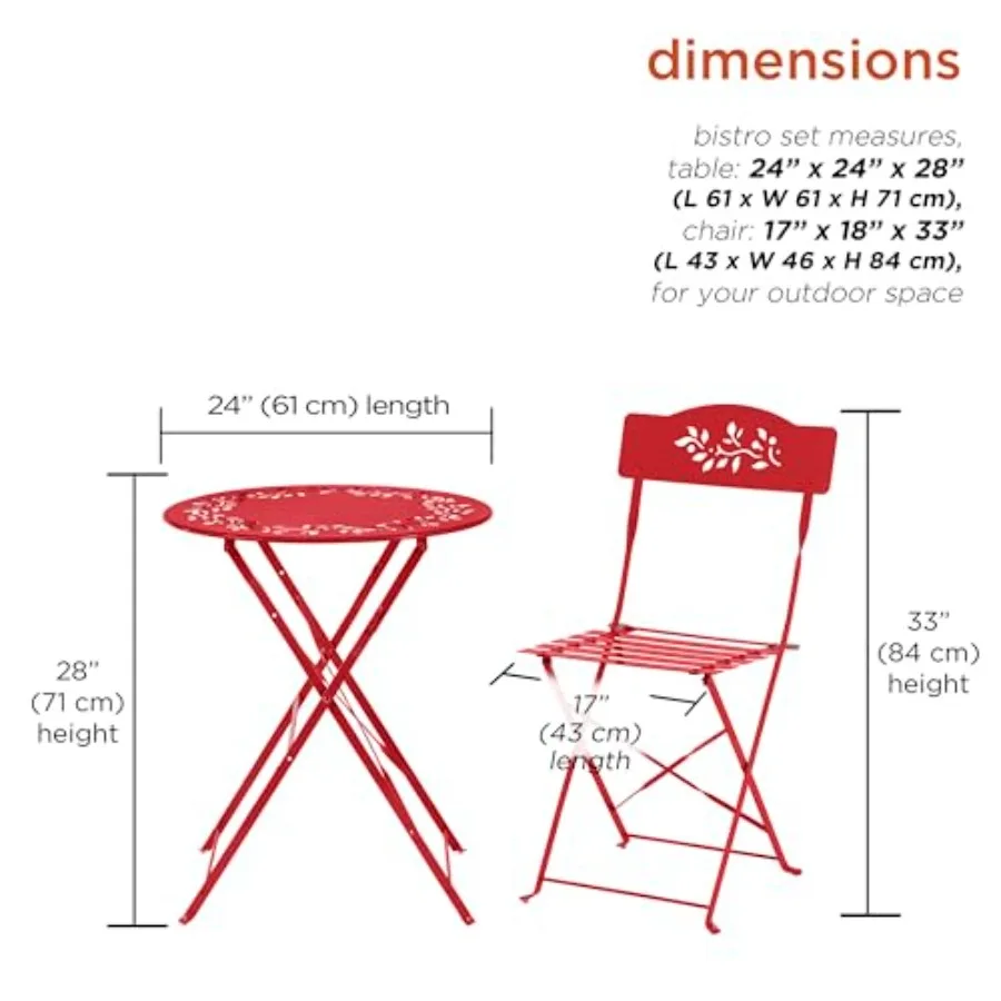 Indoor/Outdoor 3-Piece Bistro Set Folding Table and Chairs Patio Seating, Red Metal Frame with Weather-Resistant Finish