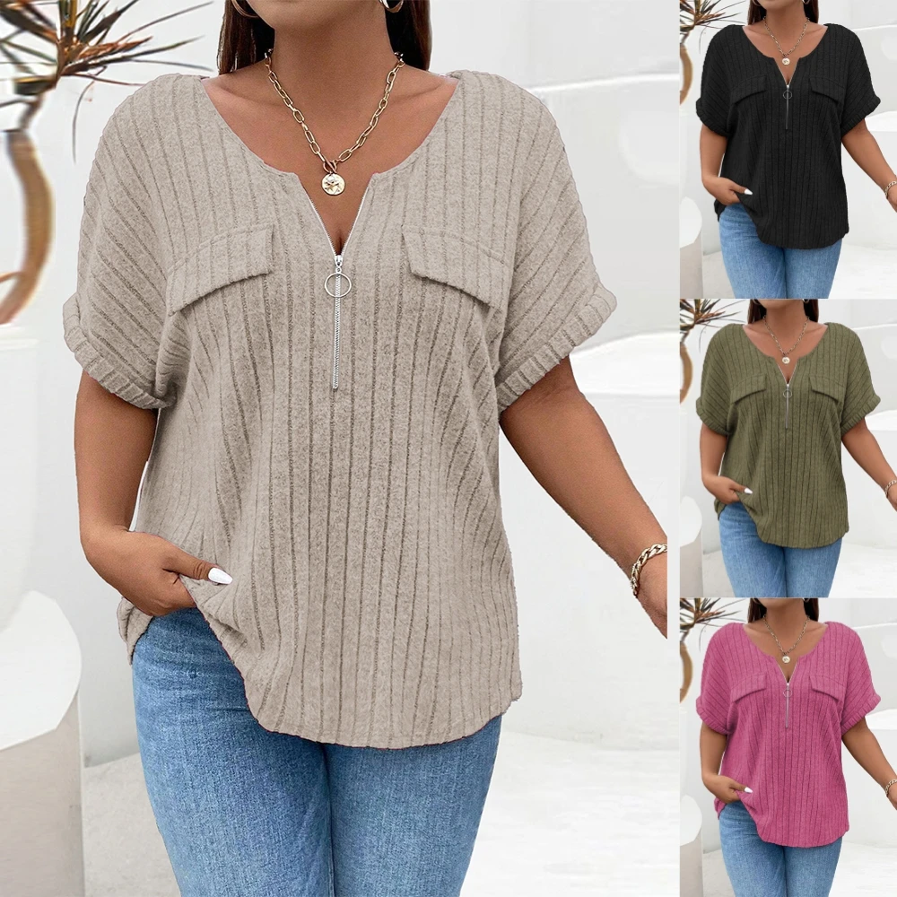 Women Plus Size Tops Summer Solid Pit Strip Casual Loose O-Neck Short Sleeve 1/2 Zip T-shirt Fake Pocket Tees Female Clothes