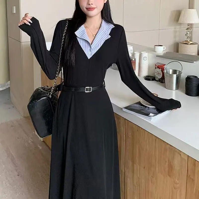 French Style Aura Midi Dress Spring Autumn New Fake Two Pieces Female Clothing Polo-Neck Patchwork A-Line Stylish Sashes Dresses
