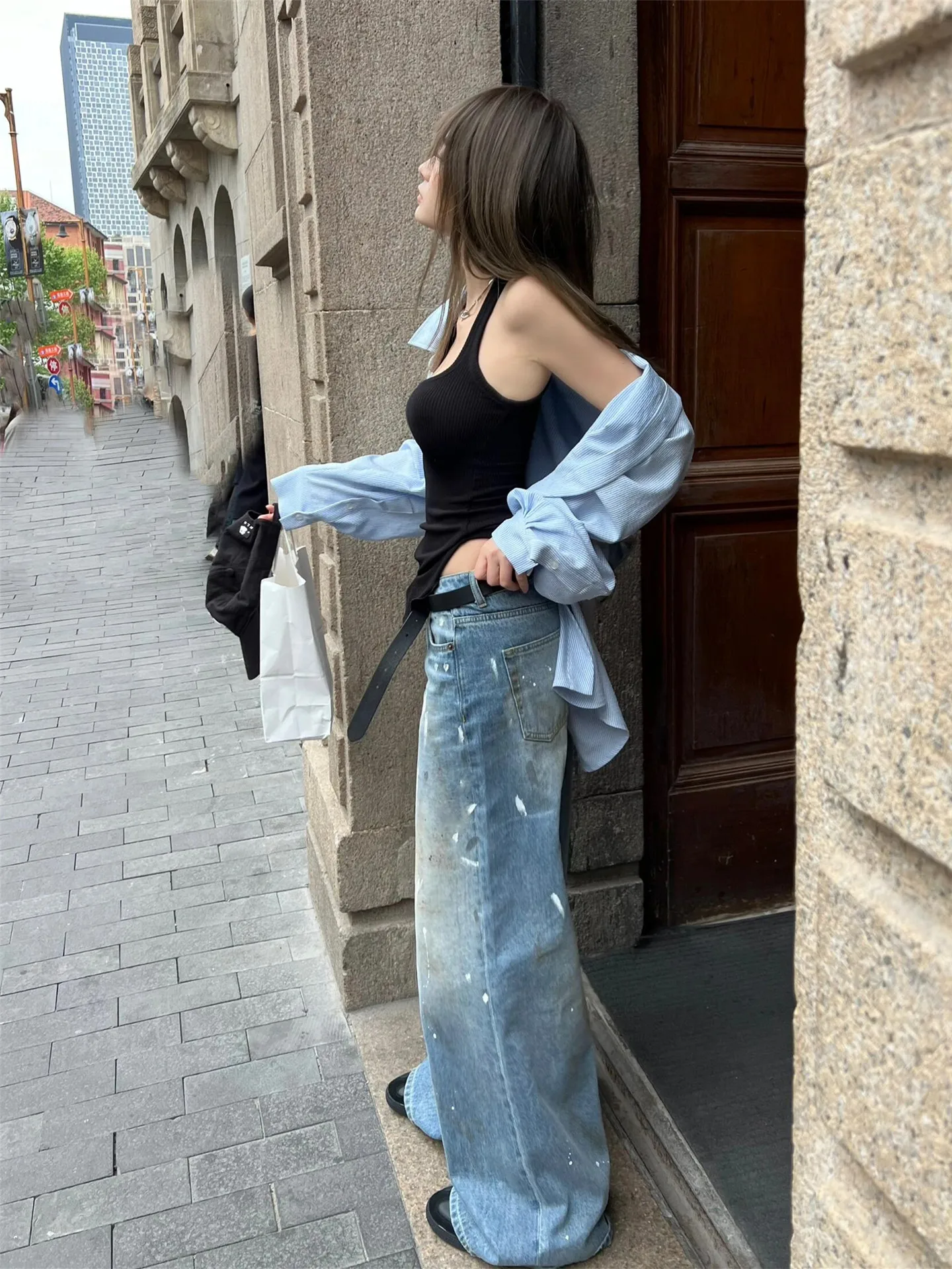 Street Style Oversized Loose Straight Leg Ink Splashed Denim Jeans Women's Summer Long Slimming Design Wide Leg Pants