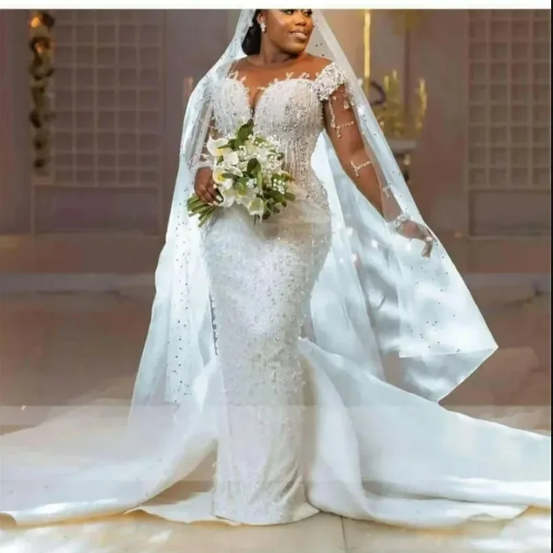 

Изысканное свадебное платье с прозрачным вырезом, блестящими бусинами и аппликациями, длинными рукавами, роскошное, на заказ