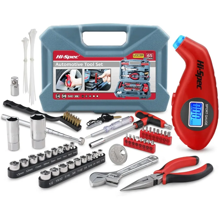 

Компактный набор инструментов для гаража, 65 шт., с цифровым манометром для обслуживания и ремонта транспортных средств, включает отвертки