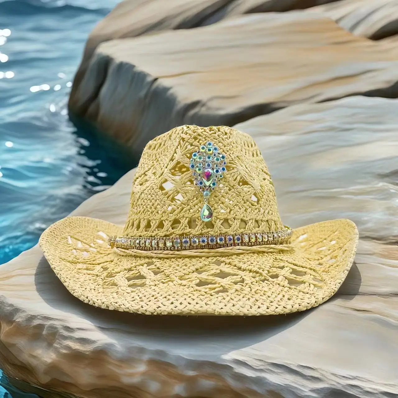 

Соломенная шляпа с кристаллами в ковбойском стиле для женщин и мужчин, винтажная пляжная шляпа для вечеринок, летних фестивалей, кантри-музыки, головной убор