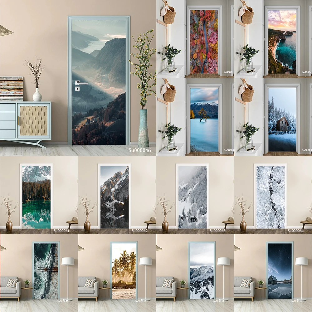

3D Mountain Lake Door Sticker Snowy Mountain Tropical Island Tree Northern Lights Removable Self Adhesive Wallpaper Home Decor