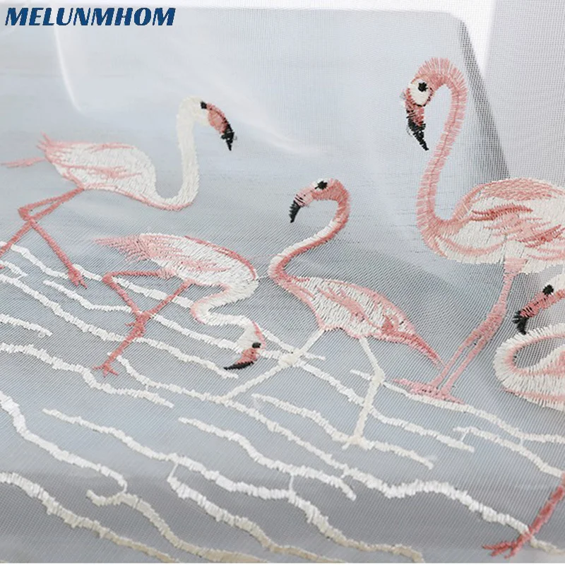 Melunmhom Pink Lace Birds Flamingos Embroidered Voile Tulle Curtains for Children Bedroom Living Room High-grade Sheer Curtain p