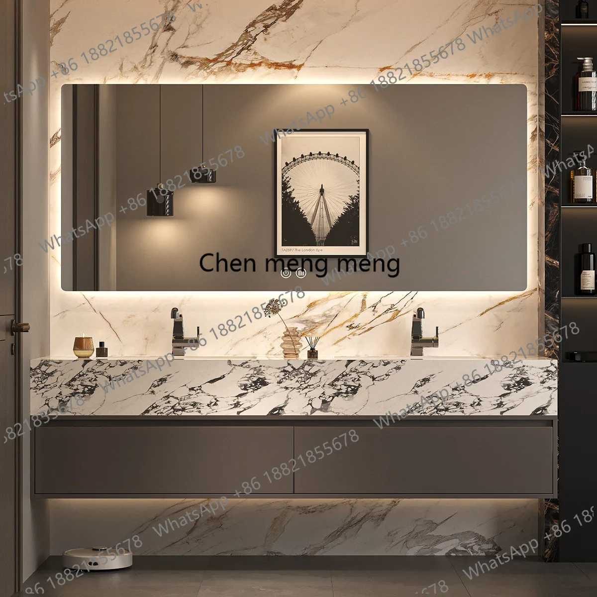 

Modern Rock Slab Seamless Ceramic Integrated Basin Bathroom Cabinet Mirror Solid Wood Combination Intelligent Hand Washing Basin