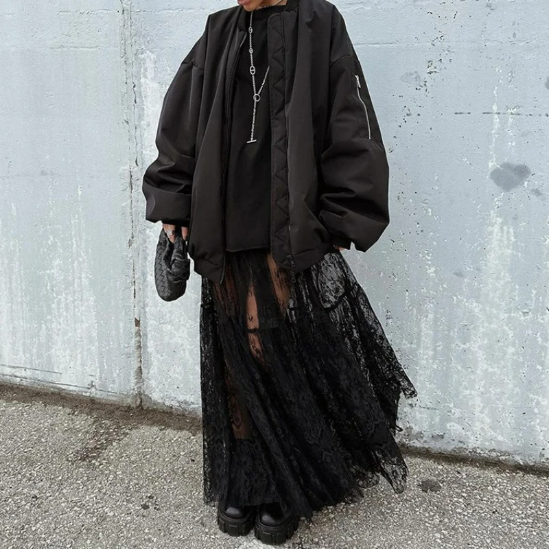 

Black Lace Maxi Skirts for Women Sexy See Through Christmas Party Skirt Fashion High Waist A-line Skirt 2025