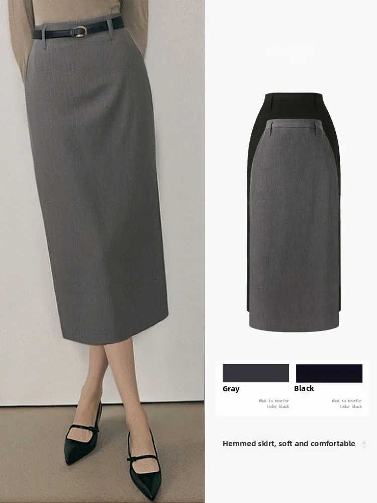 

Gray High Waist Slit Skirt Women's New Style Slimming Straight Leg Suit Skirt Casual Polyester Fiber Pocket Zipper Closure