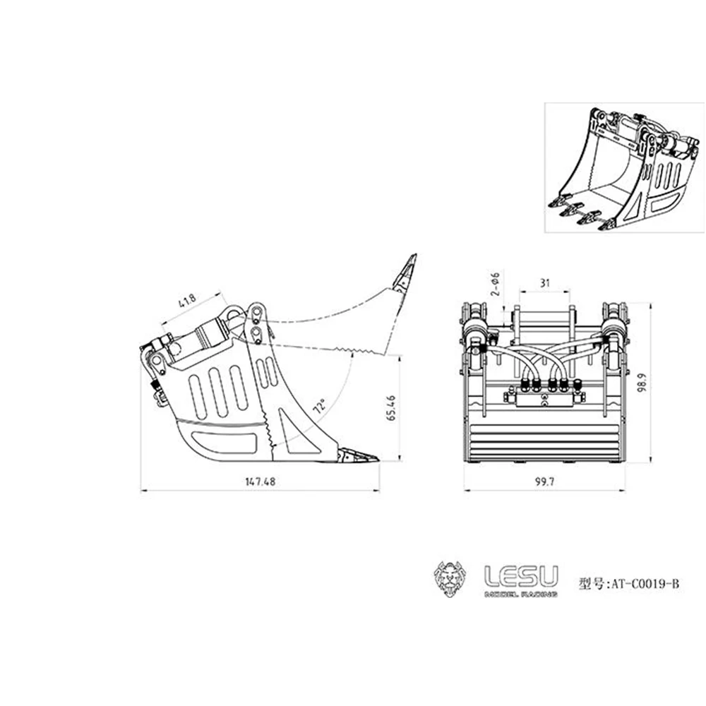 LESU AT-C0019-B hydraulischer Öffnungs- und Schließschaufel, geeignet für 1/14AC360, LR945, SK500, Radbagger, kurzer Heck